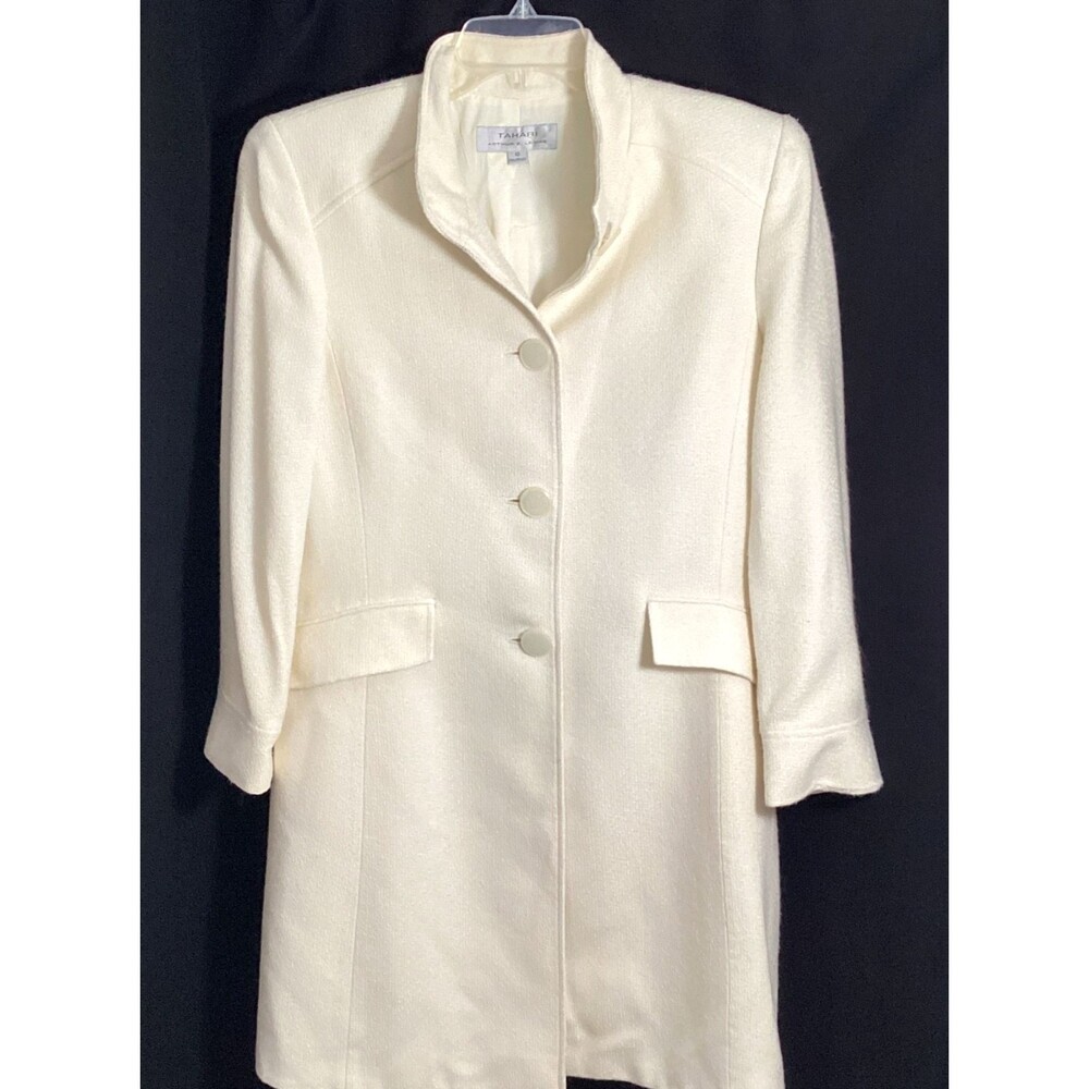 Tahari Arthur S Levine Vintage Cream Duster Coat Mandarin Collar Button Front